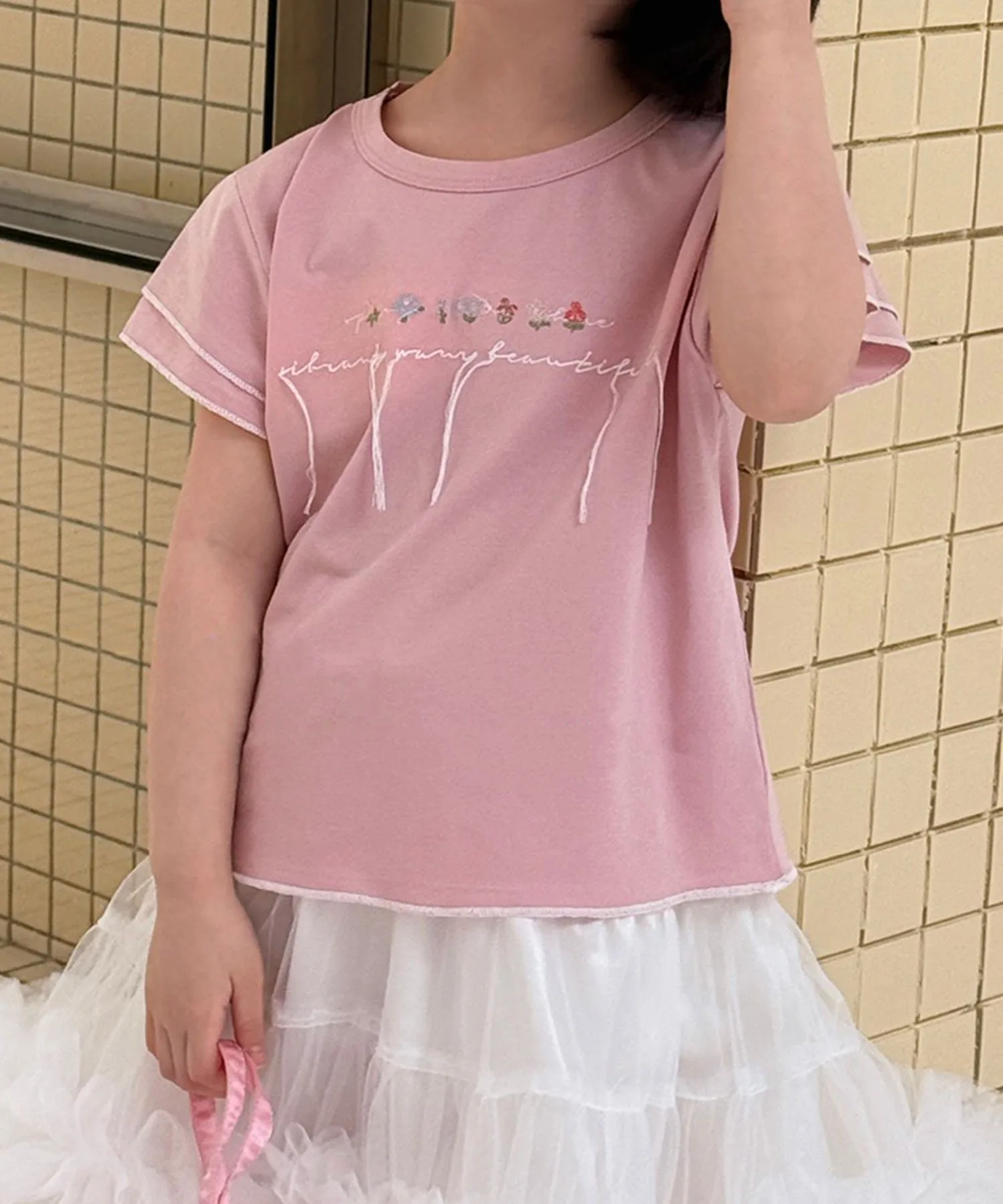 Детская футболка с вышитыми оборками на рукавах [aimoha-KIDS-] Aimoha Kids, pink — фото 3