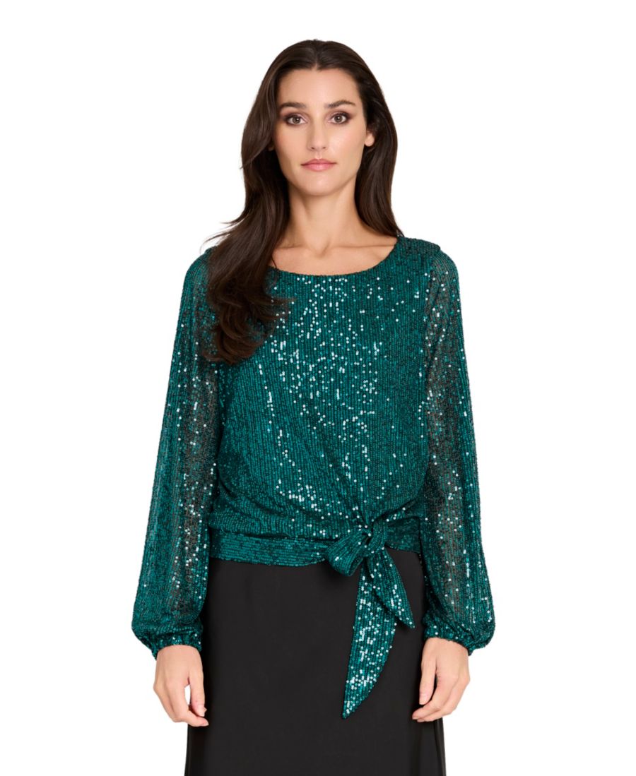 

Женская блузка с длинными рукавами и пайетками Tahari ASL, Emerald