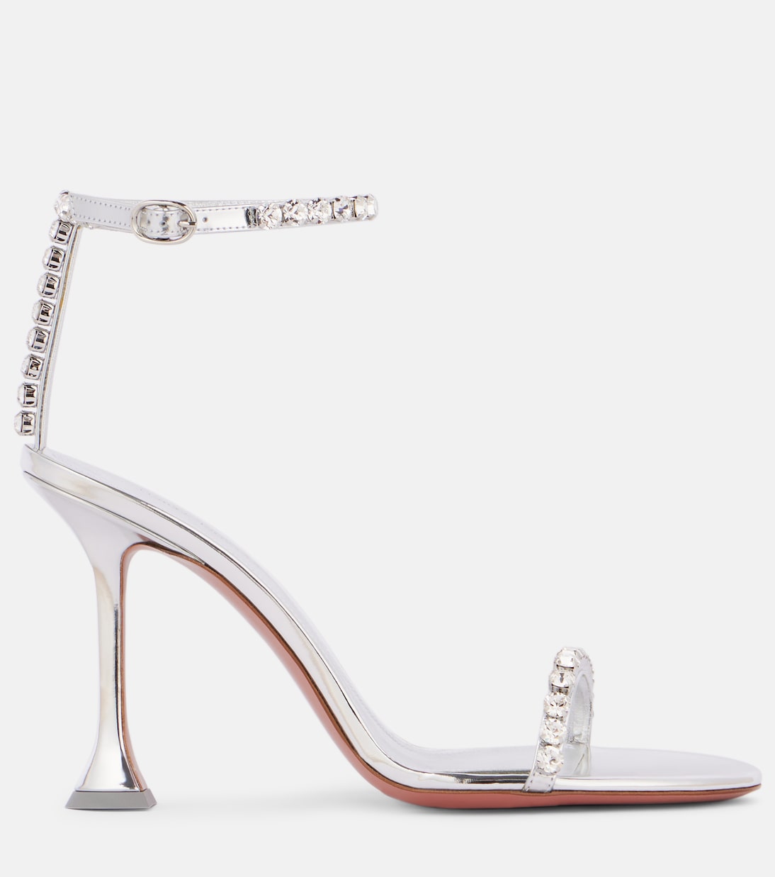 Женские кожаные сандалии Gigi 95 с декоративными элементами Amina Muaddi, Silver + White Crystal — фото 4