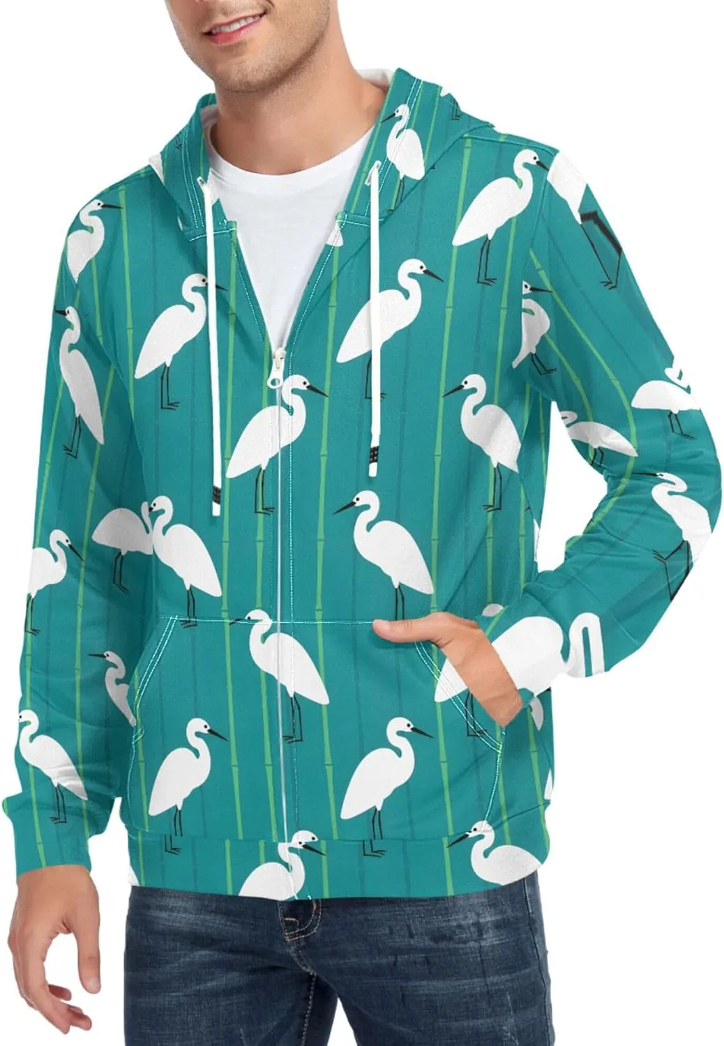 

Мужская худи на молнии белого цвета с изображением цапли CUPADA