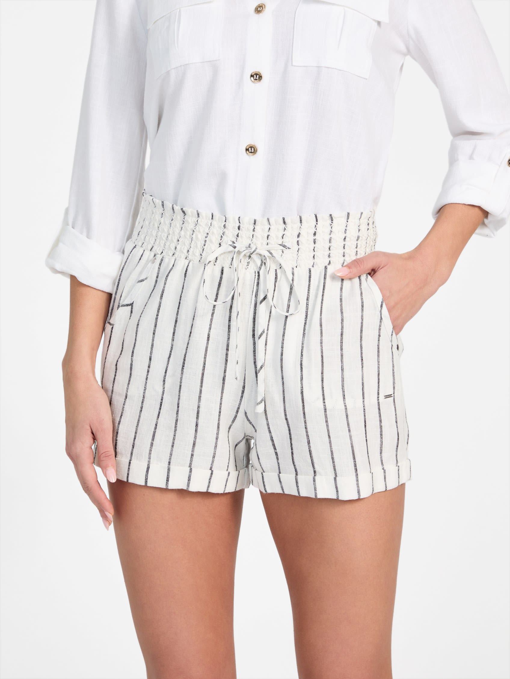 

Полосатые шорты Harper из льняной смеси Guess Factory, цвет harper pin stripe black m