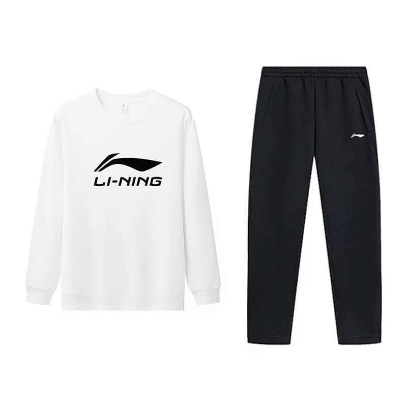 

Li-Ning Casual Sportswear Unisex, белый fleece-lined long-sleeved t-shirt+черный fleece-lined straight fit sweatpants