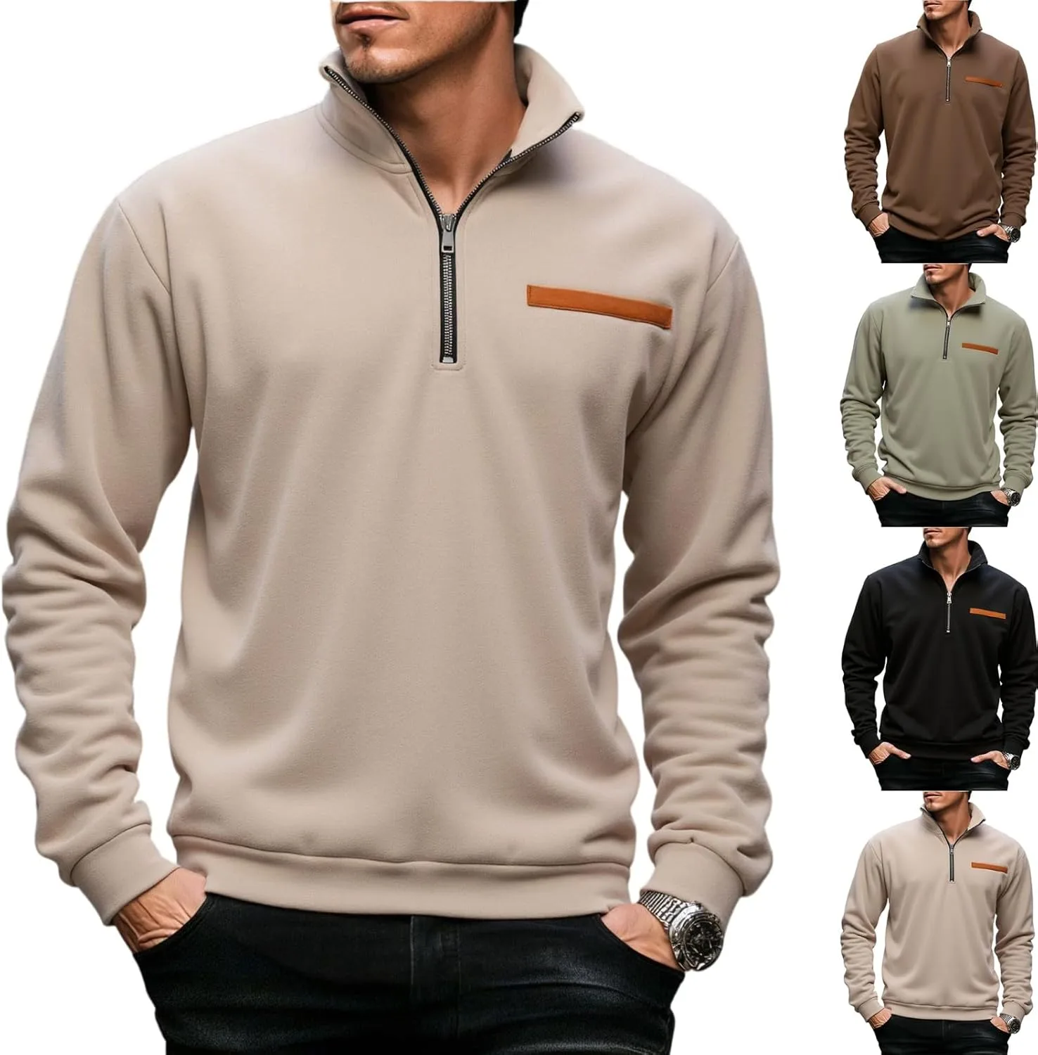 

Толстовка-полузип мужская с воротником-стойкой, без капюшона, длинный рукав