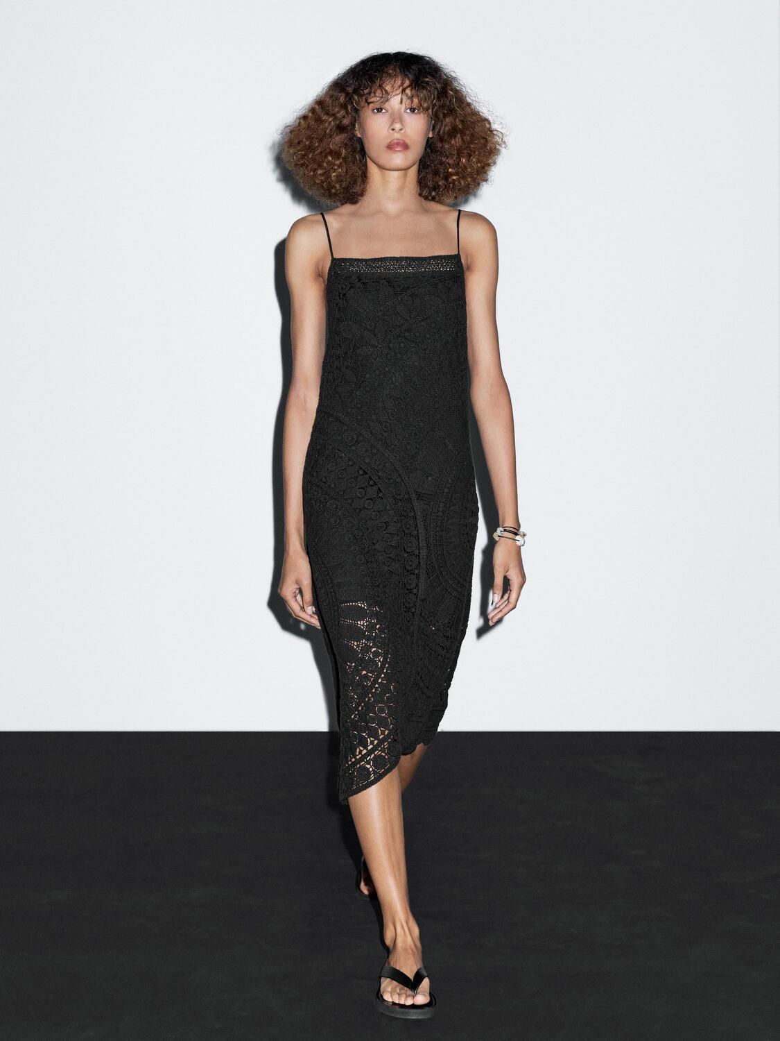 

Платье миди из 100% хлопка, связанное крючком Massimo Dutti, черный