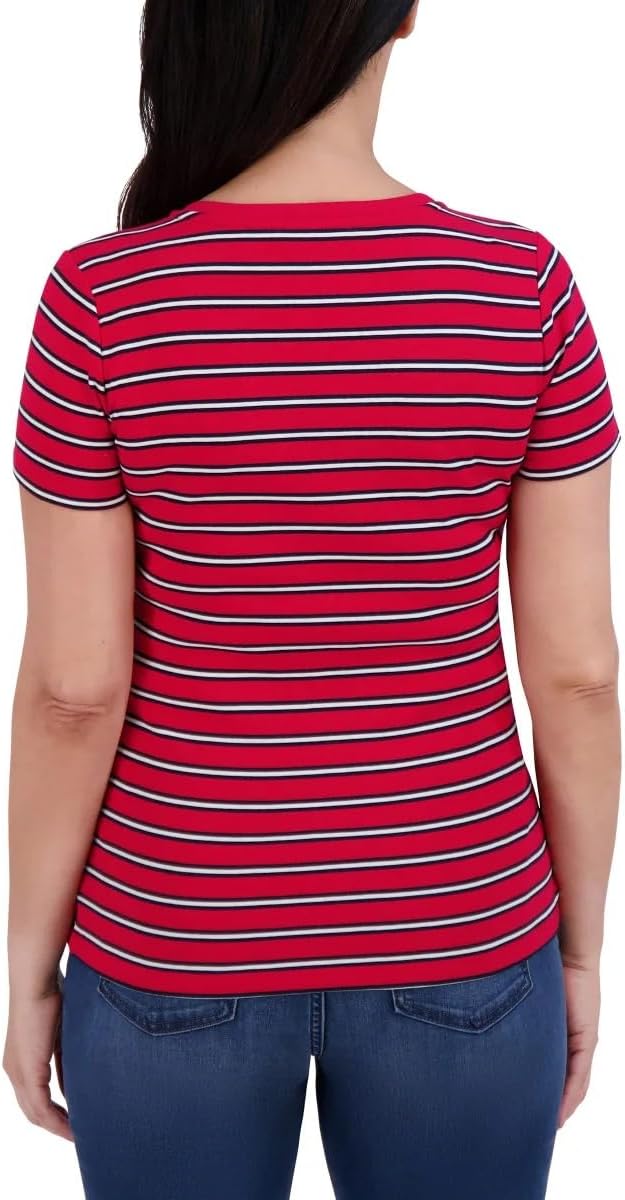 Женская футболка Tommy Hilfiger с V-образным вырезом - вышитый фирменный флаг - рукав-крылышко - V-образный вырез, Red — фото 3
