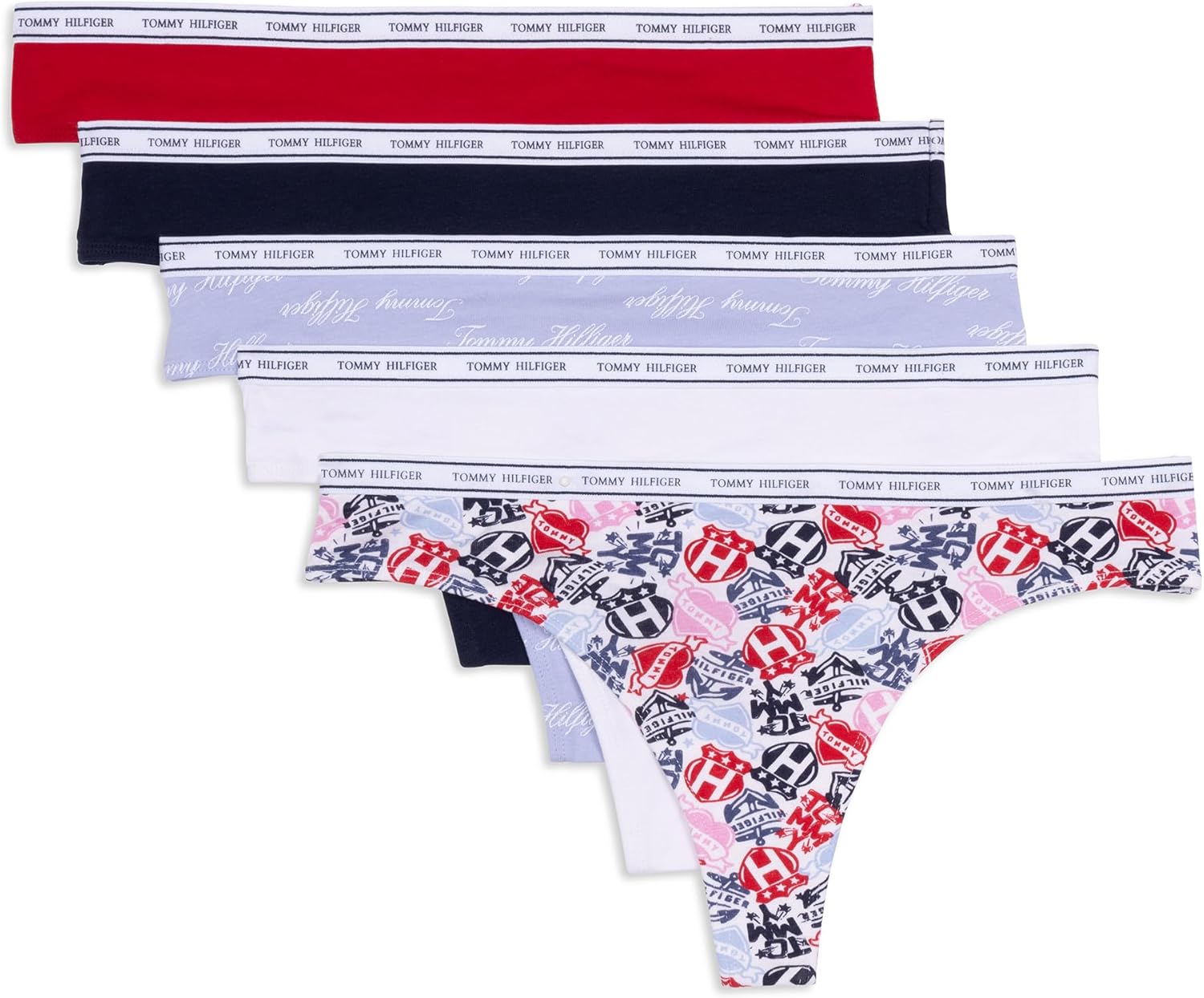 

Женские классические хлопковые стринги Tommy Hilfiger с логотипом на поясе, упаковка 5 пар, Tattoo Elements Bright White/Bright White/Brunerra Blue Th Calligraphy/Heather Grey/Apple Red