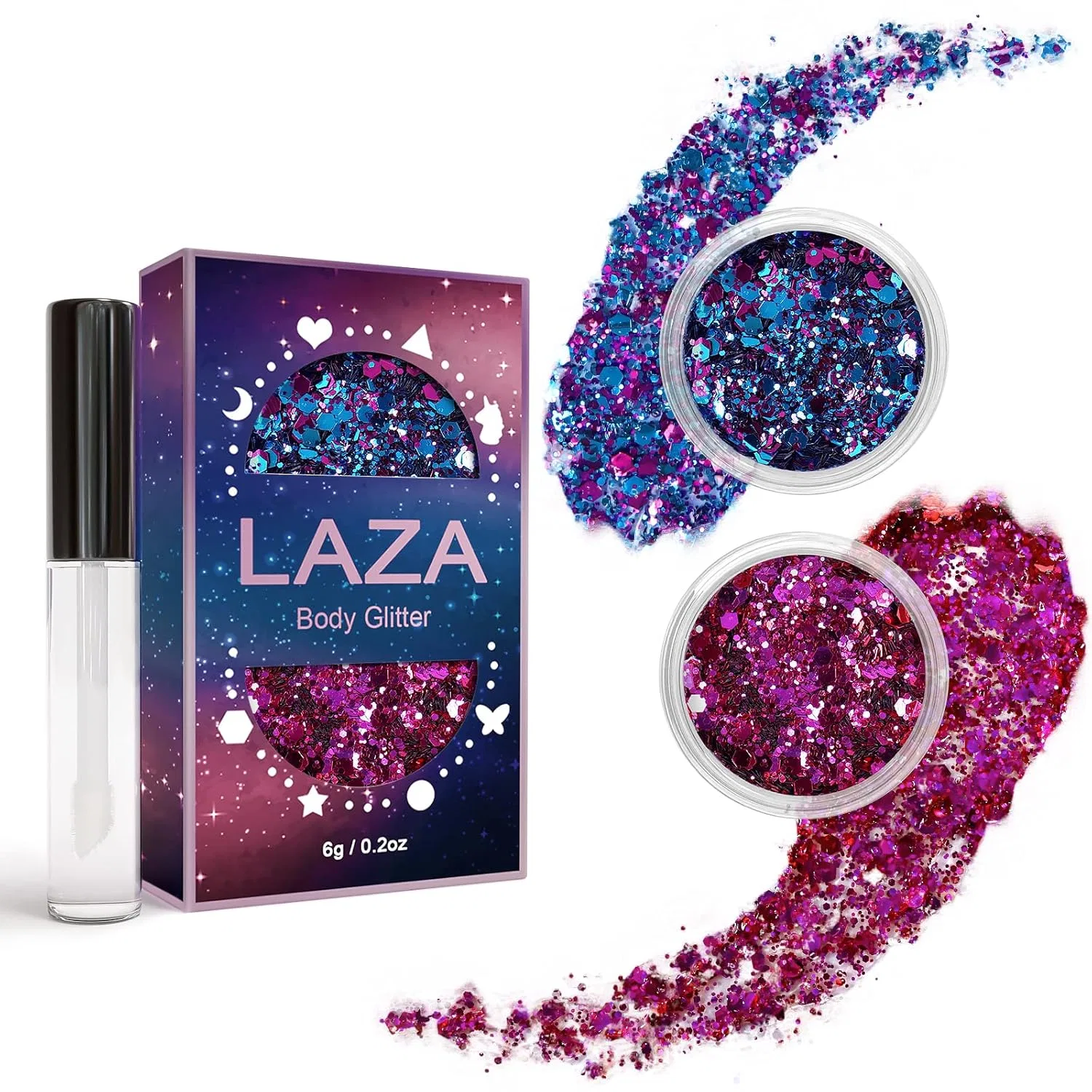 Голографический глиттер для тела Laza с блестками и клеем, розово-фиолетовый Laza, Brilliant Purple Red