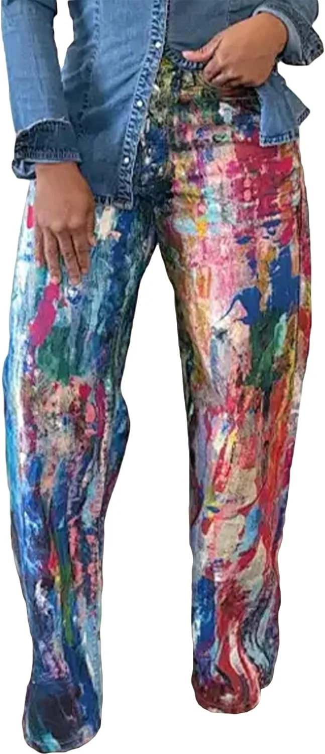 

Famnbro женские джинсы baggy Y2k с принтом tie dye, high waisted, straight wide leg