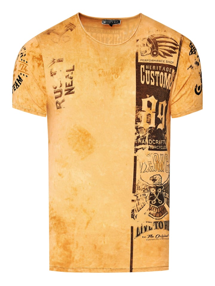 

Стираная байкерская футболка с принтами спереди и сзади верблюжьего цвета Rusty Neal