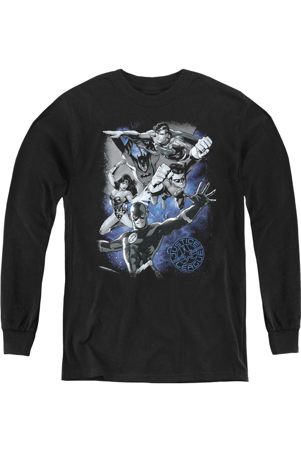 

Футболка с длинным рукавом Justice League of America Galactic Attack Nebula для молодежи Gildan, черный