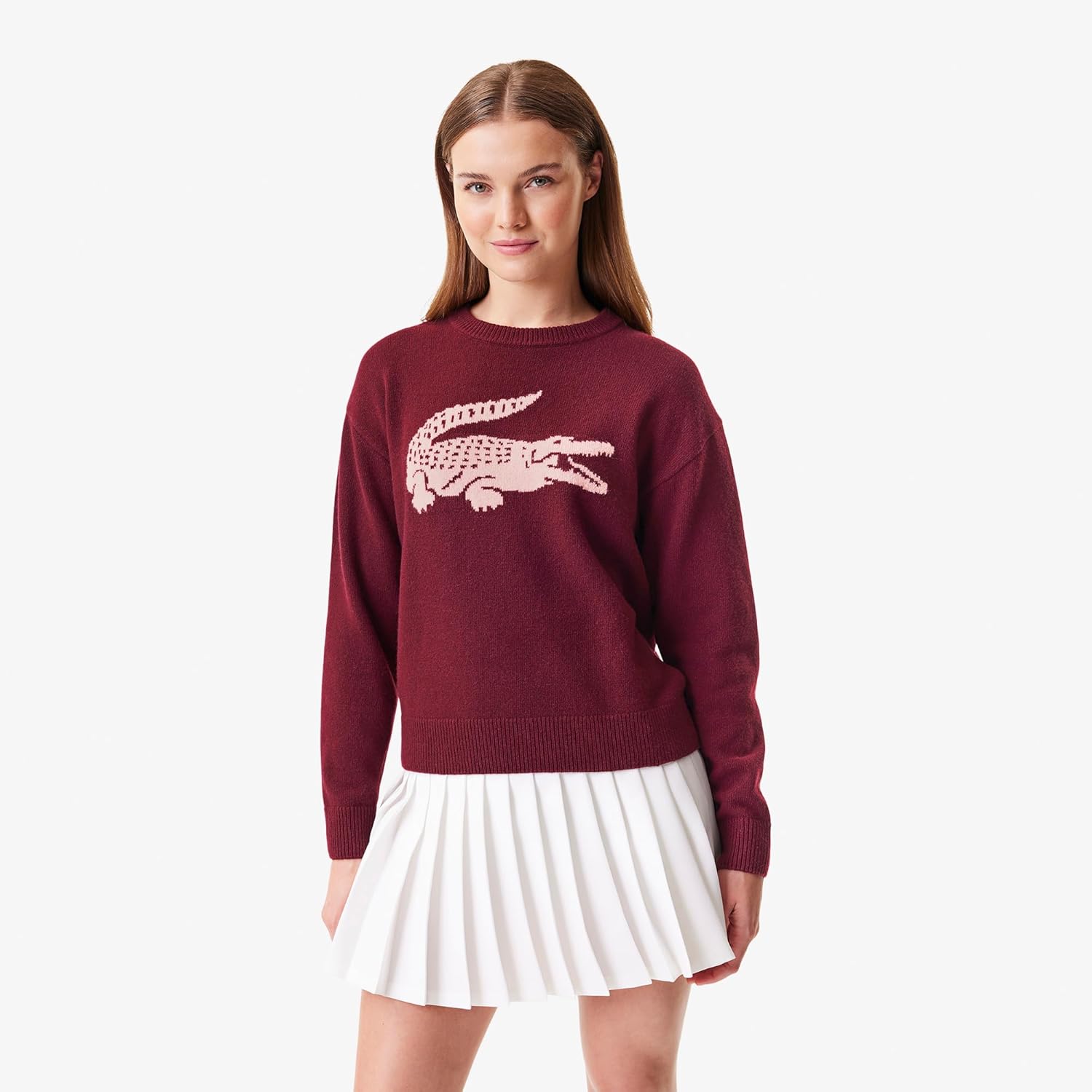 Свитер Lacoste x Bandier с контрастным крокодилом, Бордовый/Светло-розовый — фото 2