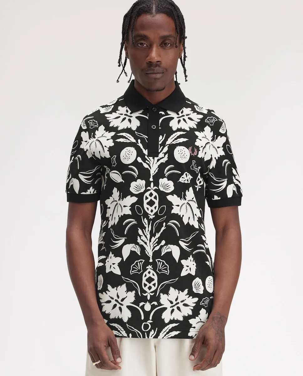 

Мужская короткая рубашка поло с цветочным узором Fred Perry, черный/белый