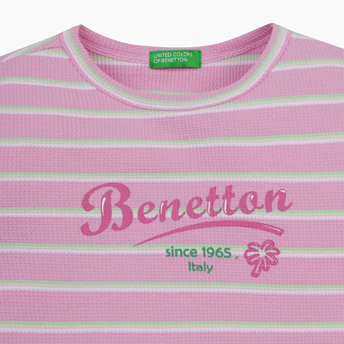 Детская полосатая футболка Waffle розовая от Benetton Kids — фото 3