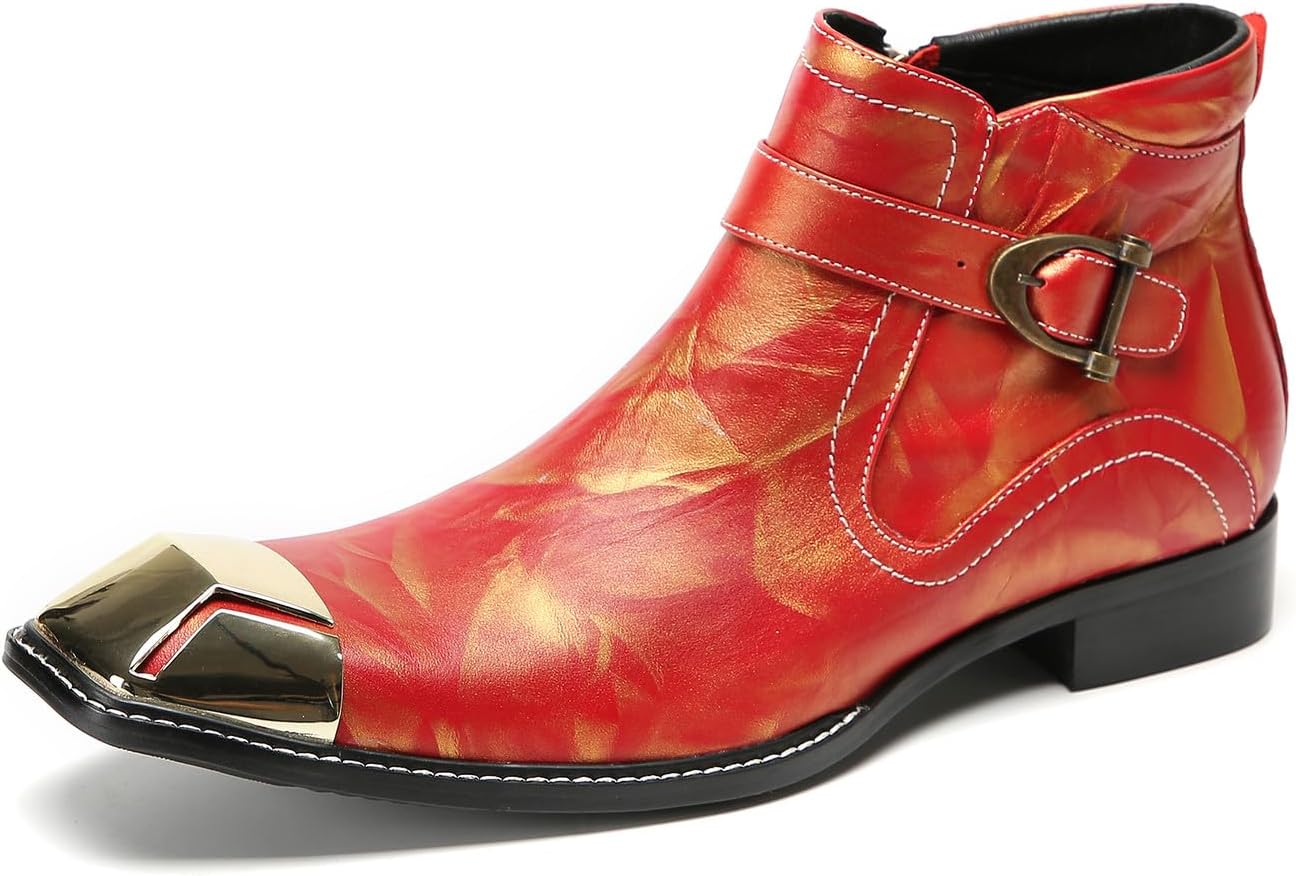 

Мужские повседневные ботинки Chelsea Santimon на щиколотке с металлическим носком - настоящая кожа тисненая под крокодила, вестерн-ковбойские ботинки с ремешком и пряжкой для панк-вечеринок и ночных клубов, красный