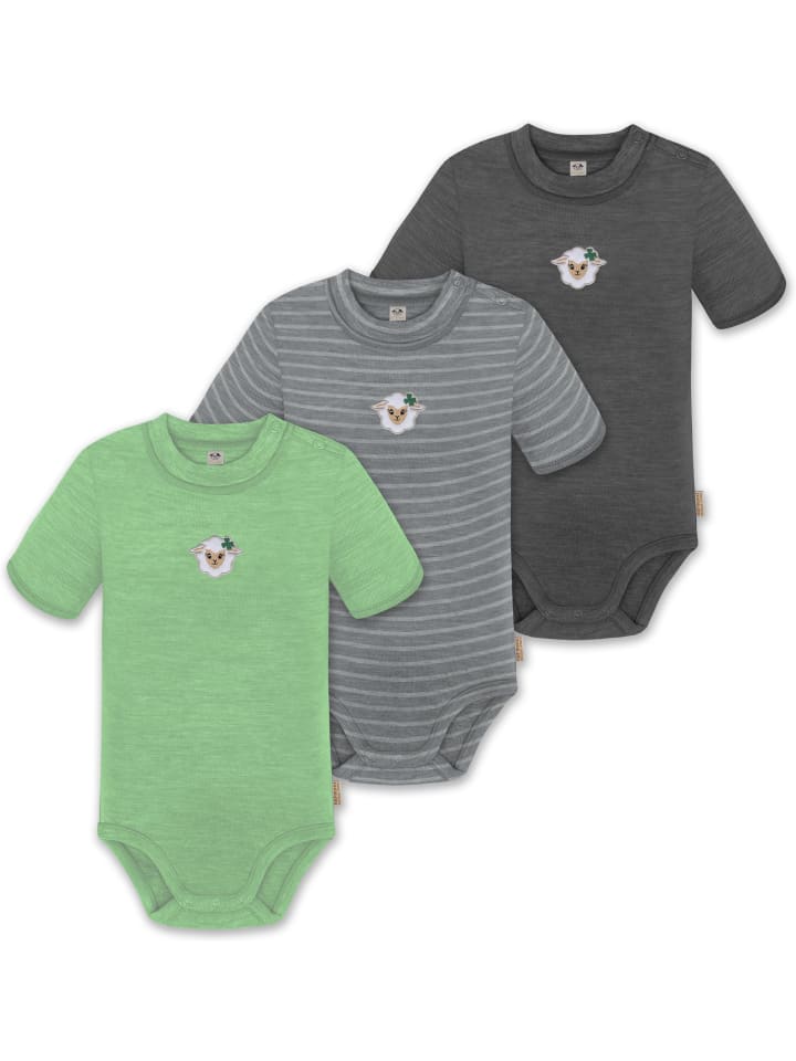 

Normani Outdoor Sports Комплект из 3 унисекс комбинезонов-боди с короткими рукавами и пуговицами из мериносовой шерсти для младенцев, цвета антрацит/серый/зеленый