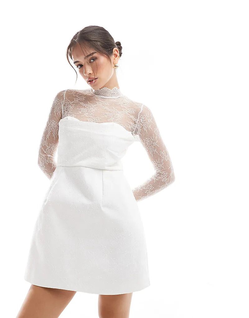 

Мини-платье цвета слоновой кости с кружевными рукавами Six Stories Bridal