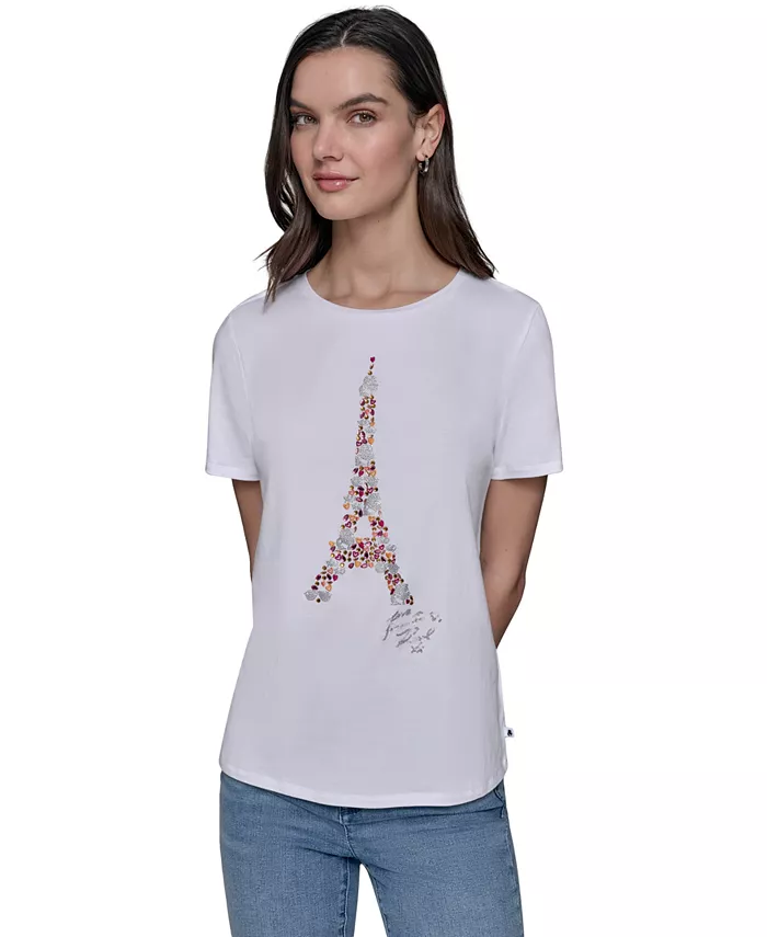 

Женская футболка с пайетками и принтом Эйфелевой башни KARL LAGERFELD PARIS, белый