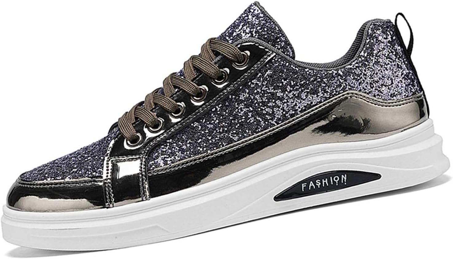 

Мужские модные кроссовки с блестками, широкий размер, с мерцающими шнурками, плоские, для бега, праздничные теннисные туфли для мужчин, размеры 8-10,5 Generic, серебро