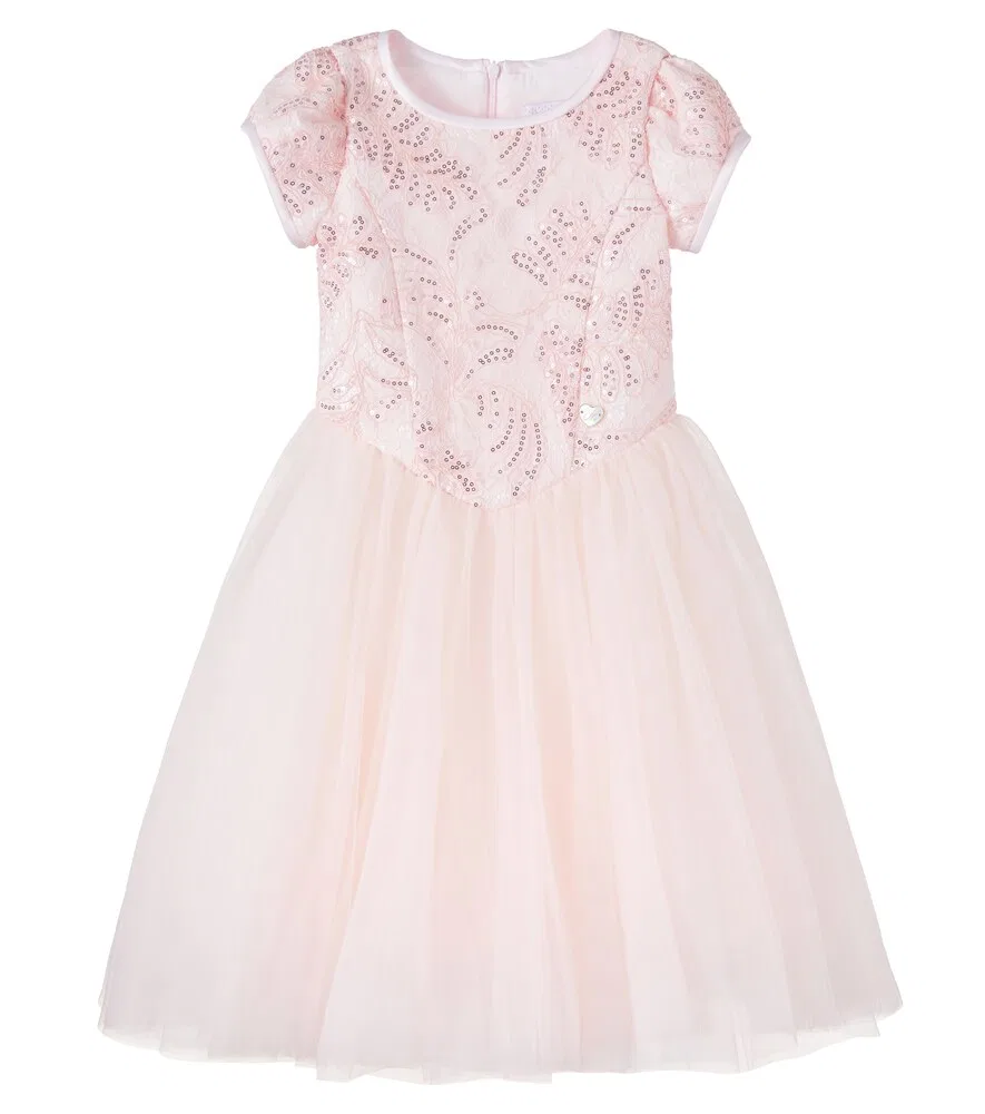 Платье из тюля, расшитое пайетками и кружевом Monnalisa, розовый