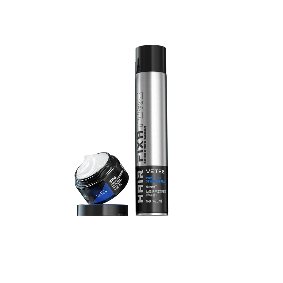 

Набор для укладки из двух средств: спрей для объема, пышности, увлажнения и моделирования VETES