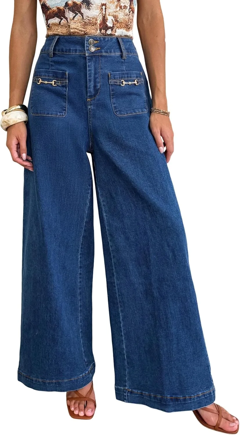 

Джинсы для женщин Sail Blue с декоративными заплатками и широкими штанинами Loricete