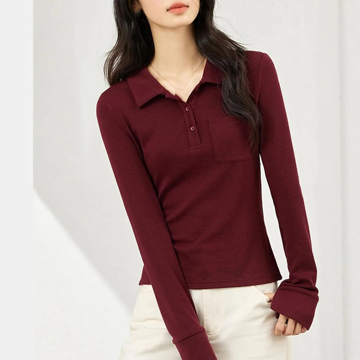 Женская красная футболка с воротником, Casual, длинный рукав, Slim Fit — фото 2
