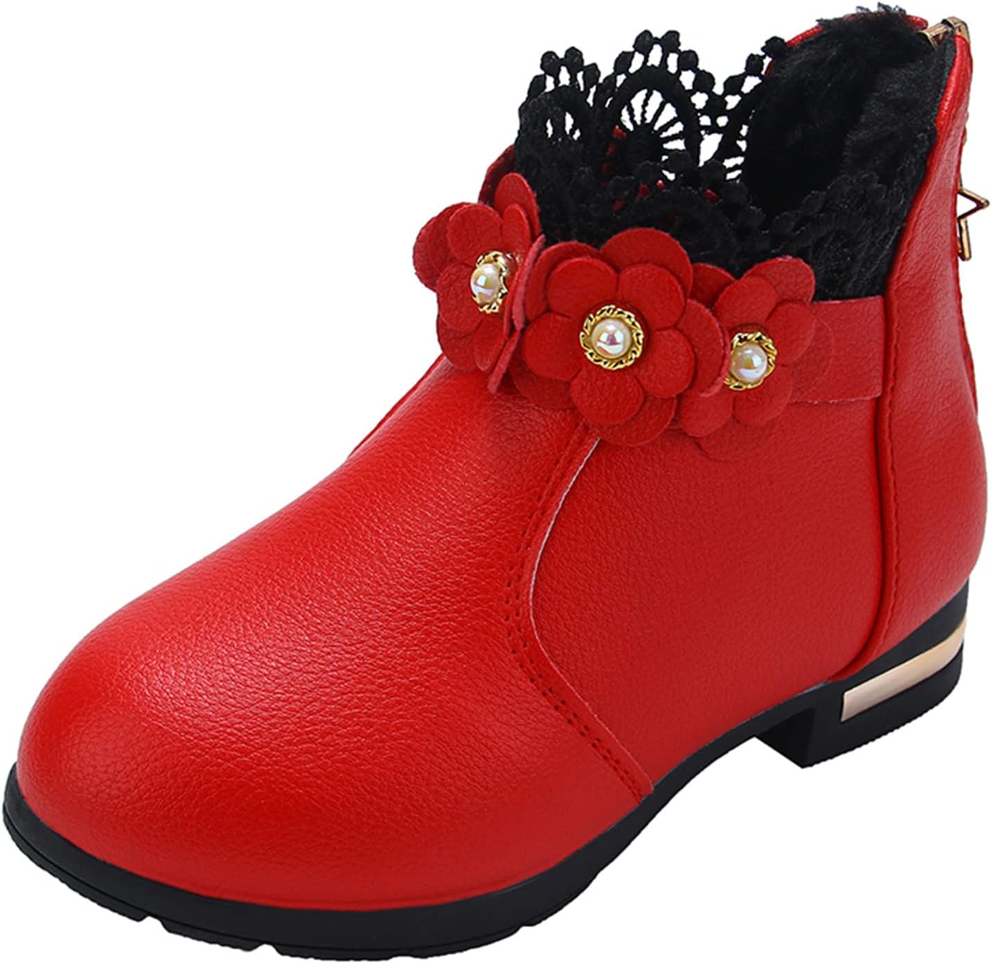 

Детские ботинки на щиколотку для девочек с боковой пряжкой, молнией, кружевной отделкой, платьевые ботинки для малышей, мальчиков и девочек, с тонким ремешком, низким каблуком Generic, Red