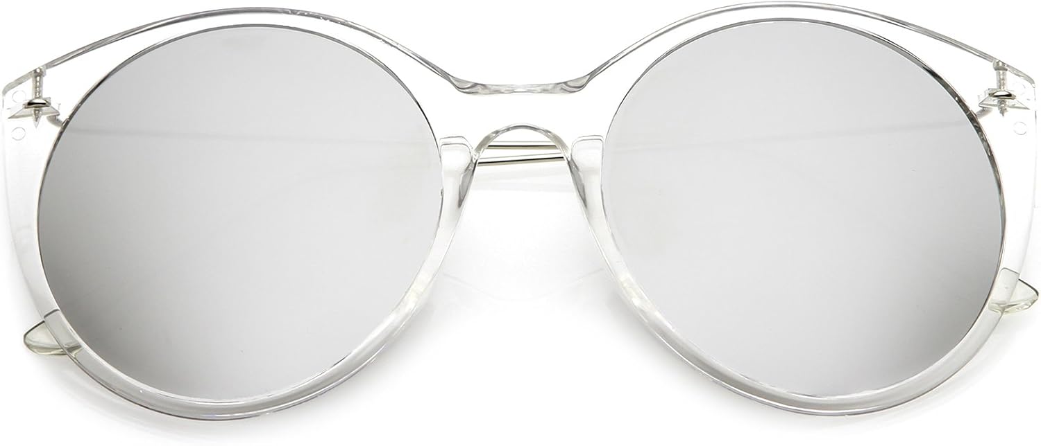 

zeroUV - Солнцезащитные очки «кошачий глаз» с прозрачной оправой, тонкими металлическими дужками и зеркальными круглыми плоскими линзами, диаметр линз 56 мм, Clear / Silver Mirror