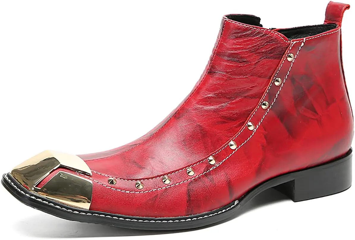 

Мужские ботинки Chelsea Santimon, повседневные, для вечеринок, красные, из кожи, с металлическим квадратным носком, ковбойские ботинки для мужчин, модные западные ботинки с бусинами до щиколотки, красный