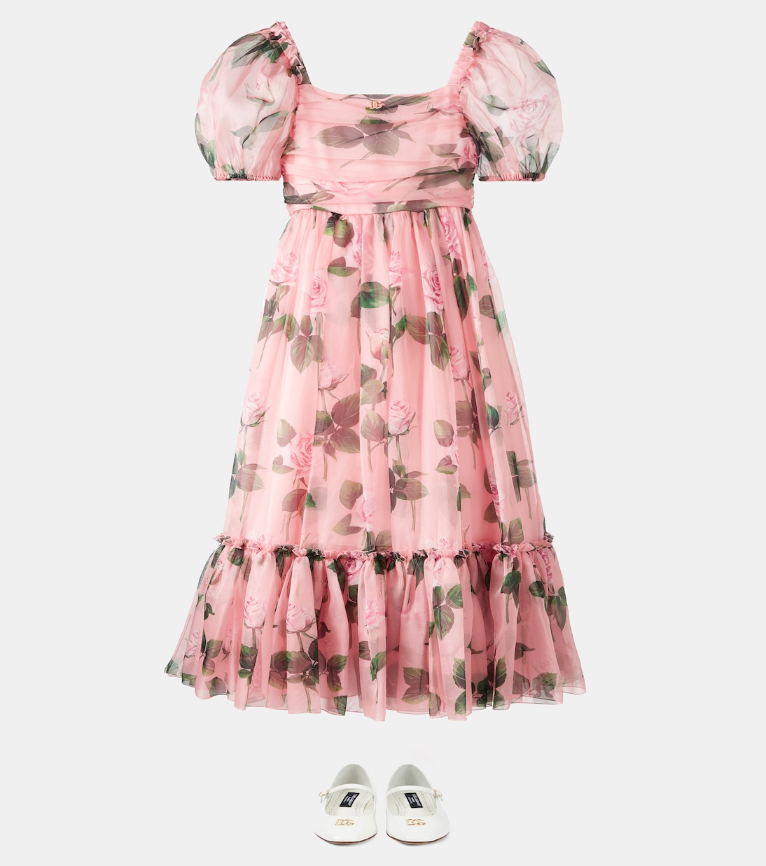 Платье DG из смесовой шелковой органзы с цветочным принтом Dolce&Gabbana Kids, Rose C/Stelo F.Rosa — фото 2