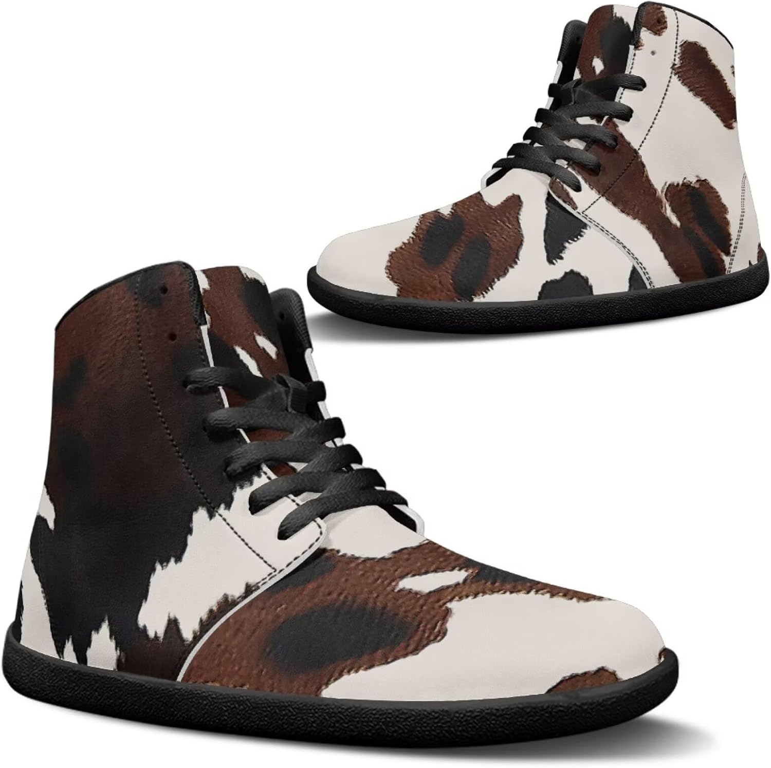 

Унисекс высокие кеды из ПУ-кожи для повседневной носки, шнуровка, нескользящие, стиль barefoot Goronwyfloyd, Brown Cow Print