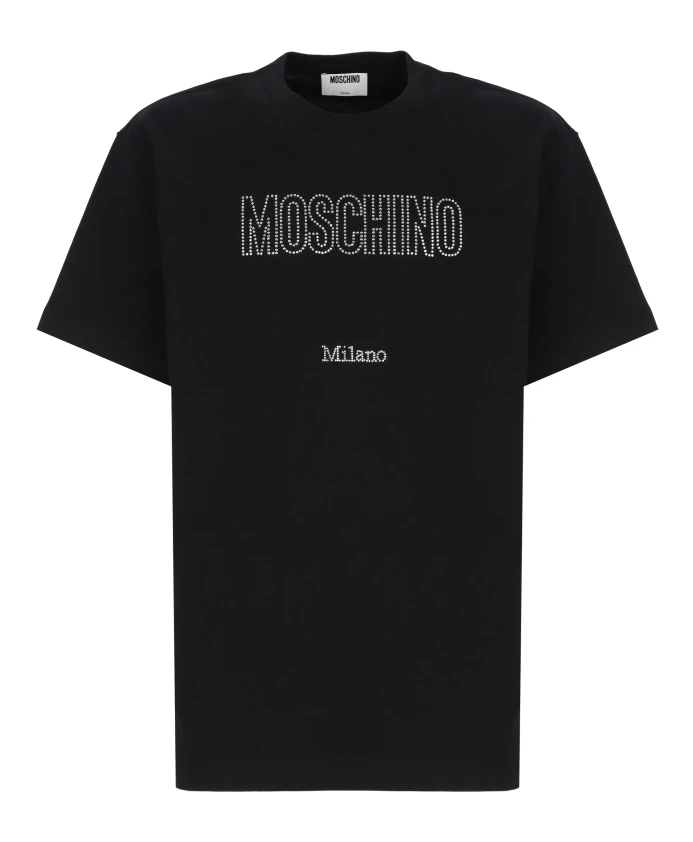 

Черная хлопковая футболка с логотипом, украшенным стразами. Moschino, черный