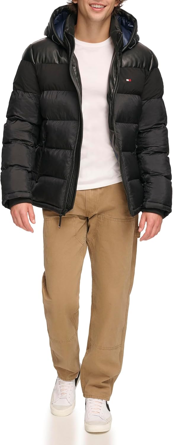 Мужская стеганая куртка с капюшоном Tommy Hilfiger (стандартная и для больших и высоких), Black/Faux Leather — фото 2