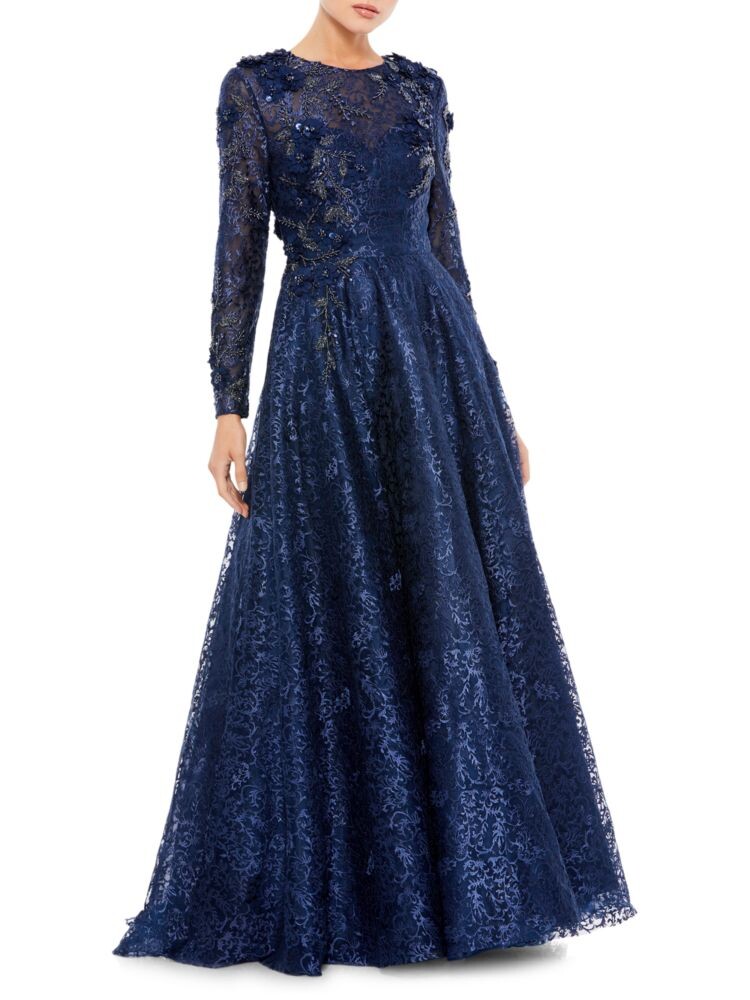 

Кружевное платье А-силуэта с иллюзионным вырезом Mac Duggal, темно-синий