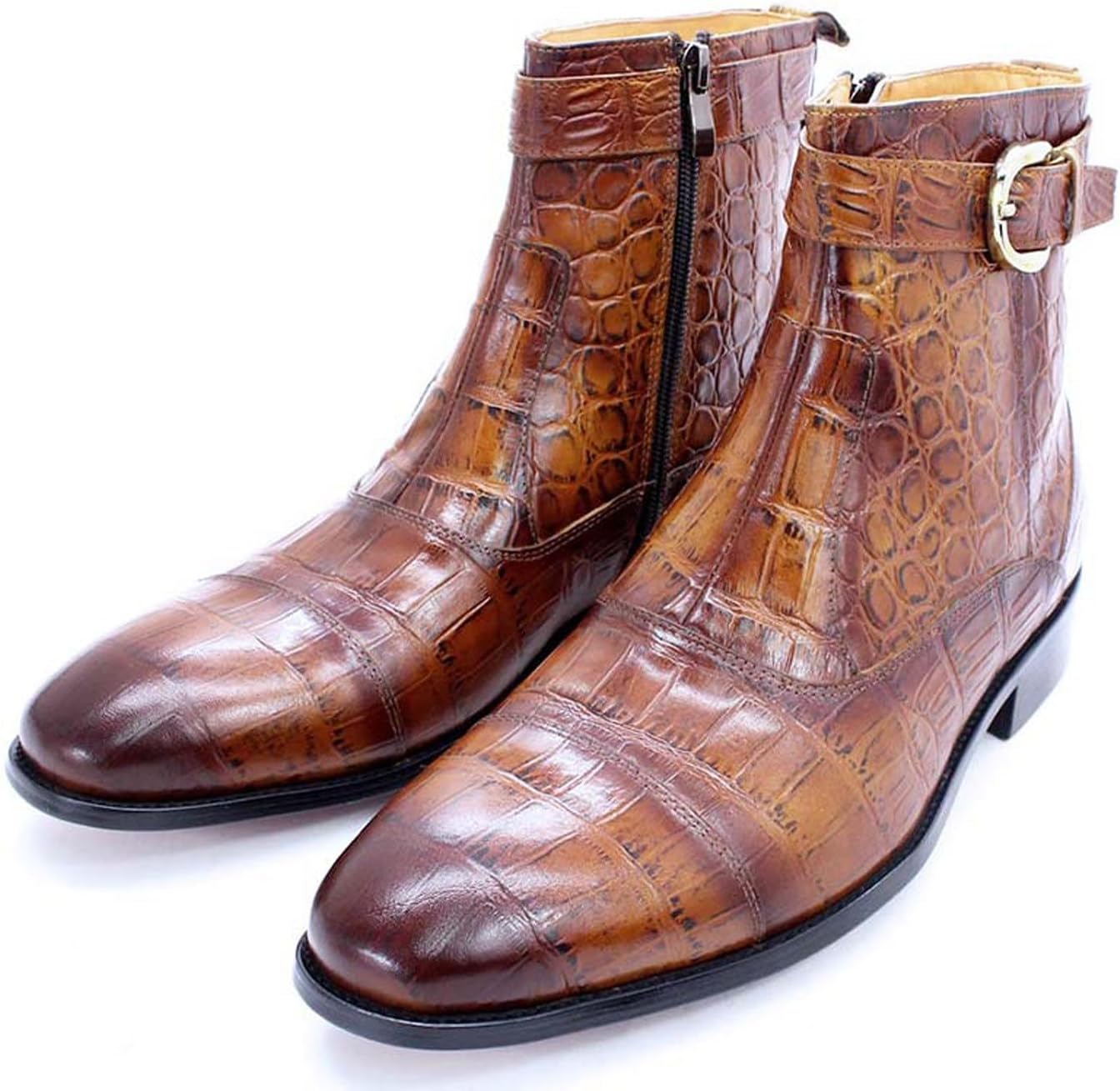 

Мужские кожаные ботинки Santimon с тиснением под крокодила, джодпур на щиколотке, с боковой молнией и ремешком с пряжкой для деловых встреч, свадеб, вечеринок и ночных выходов, коричневый