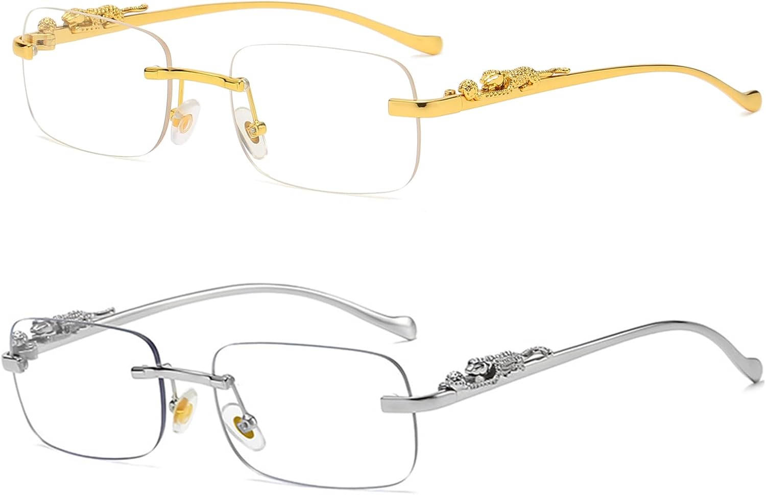 

Винтажные маленькие прямоугольные солнцезащитные очки без оправы, металлические, золотистые, серебристые, с леопардовым принтом, для женщин и мужчин TOSGMLOUS, 2pack ( Gold/Clear + Silver/Clear)