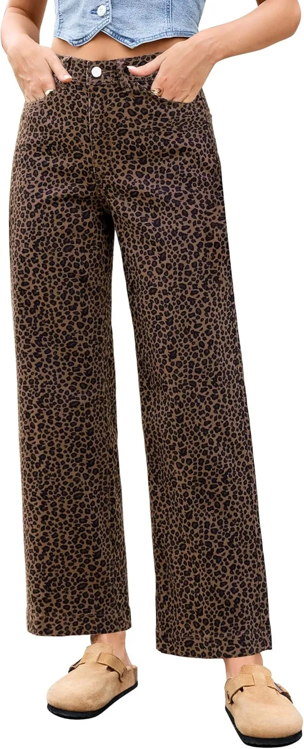 

Wide Leg Jeans для женщин, высокие, эластичные, леопардовый принт LookbookStore