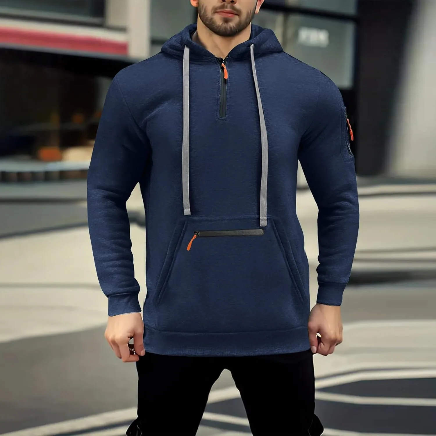 Толстовка с капюшоном и молнией на четверть, Big and Tall, с длинным рукавом и карманом-кенгуру — фото 2