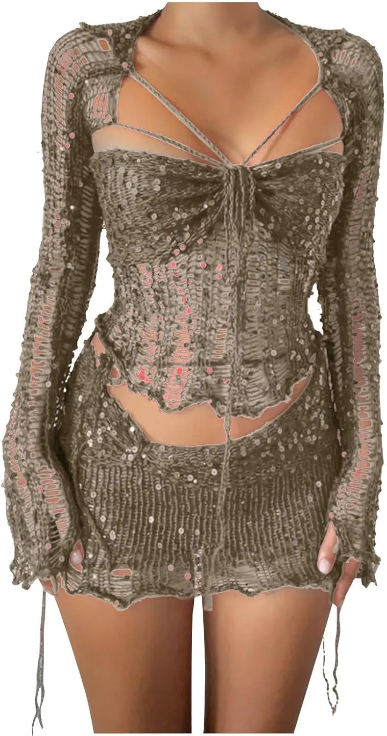 

Женский комплект из кружевного топа и мини-юбки с пайетками HGps8w