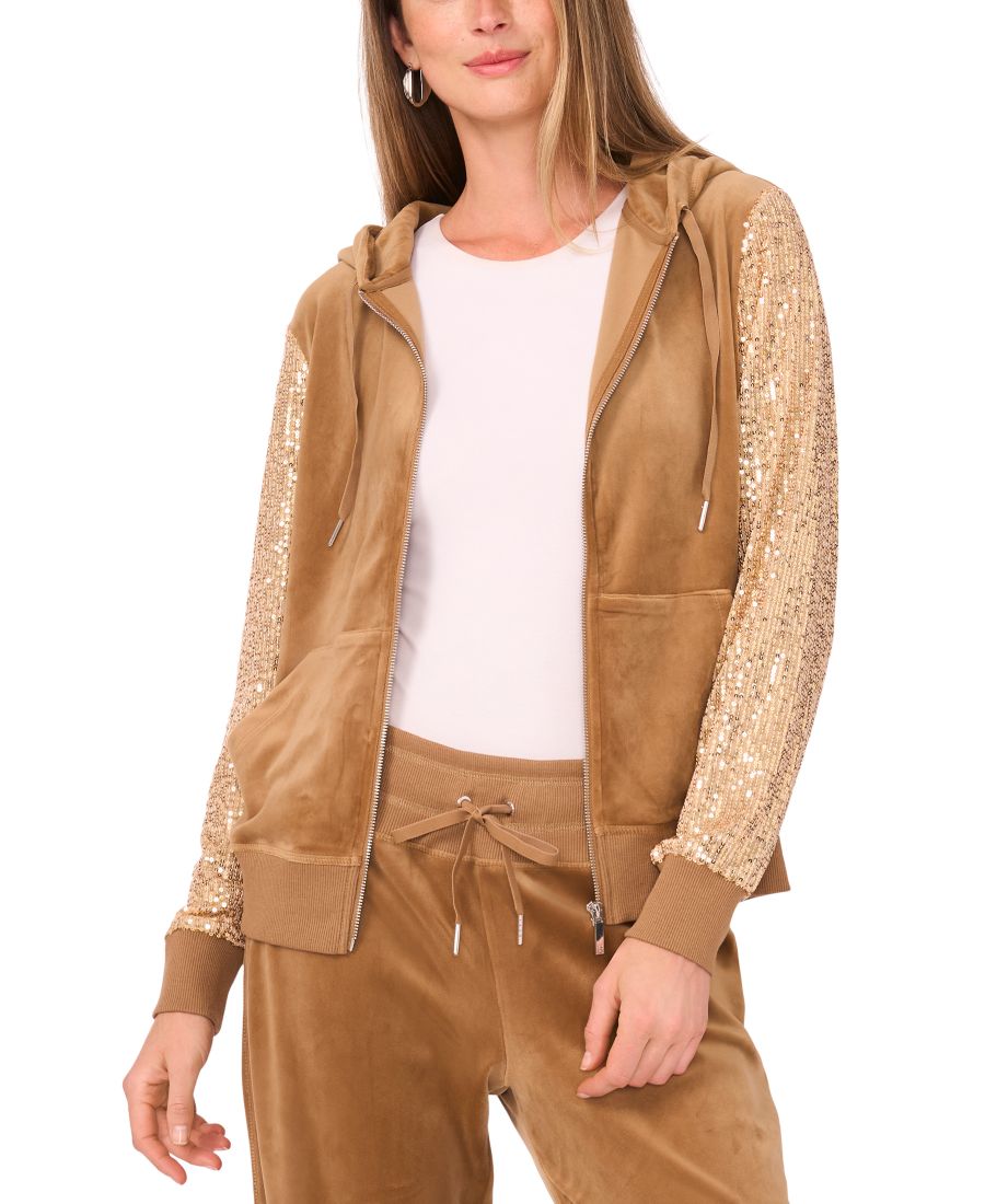 

Женская велюровая толстовка с длинными рукавами и застежкой-молнией, украшенная пайетками Vince Camuto, Camel
