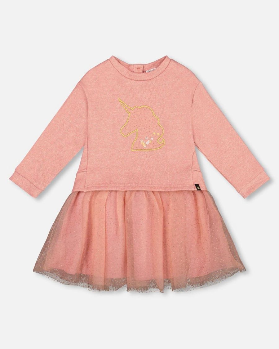 

Детское двухслойное платье для девочки, пыльно-розовое, с сетчатой юбкой и единорогом Deux par Deux, Dusty pink