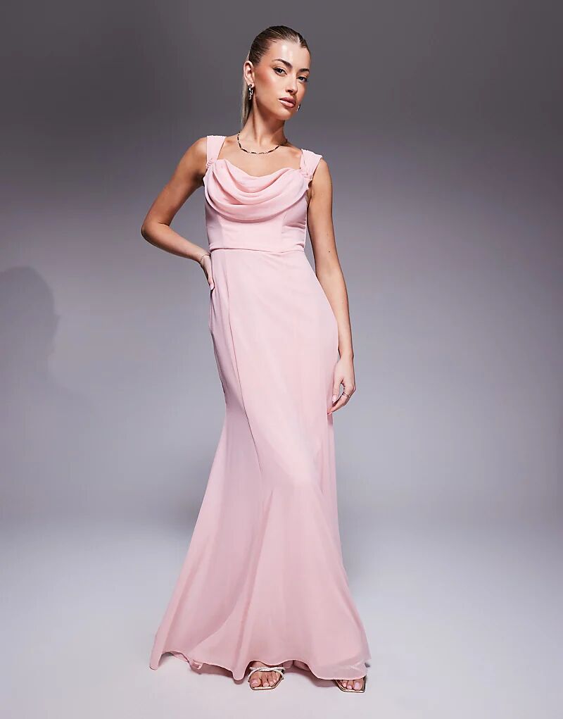 

Платье макси Goddiva Chiffon Bardot с воротником-хомутом в цвете румян