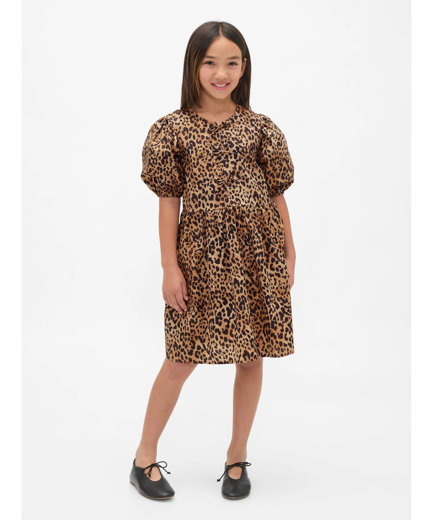 Детское цельное платье из 100% хлопка с рукавами puff sleeves и leopard print GAP