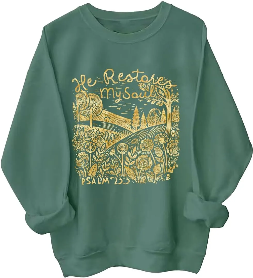 

Толстовка с принтом "He Restores My Soul" и цветами, Christian Psalm 23:3 MQZUO
