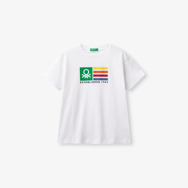 

Футболка хлопковая с коротким рукавом и принтом, 6-14 лет Benetton, белый