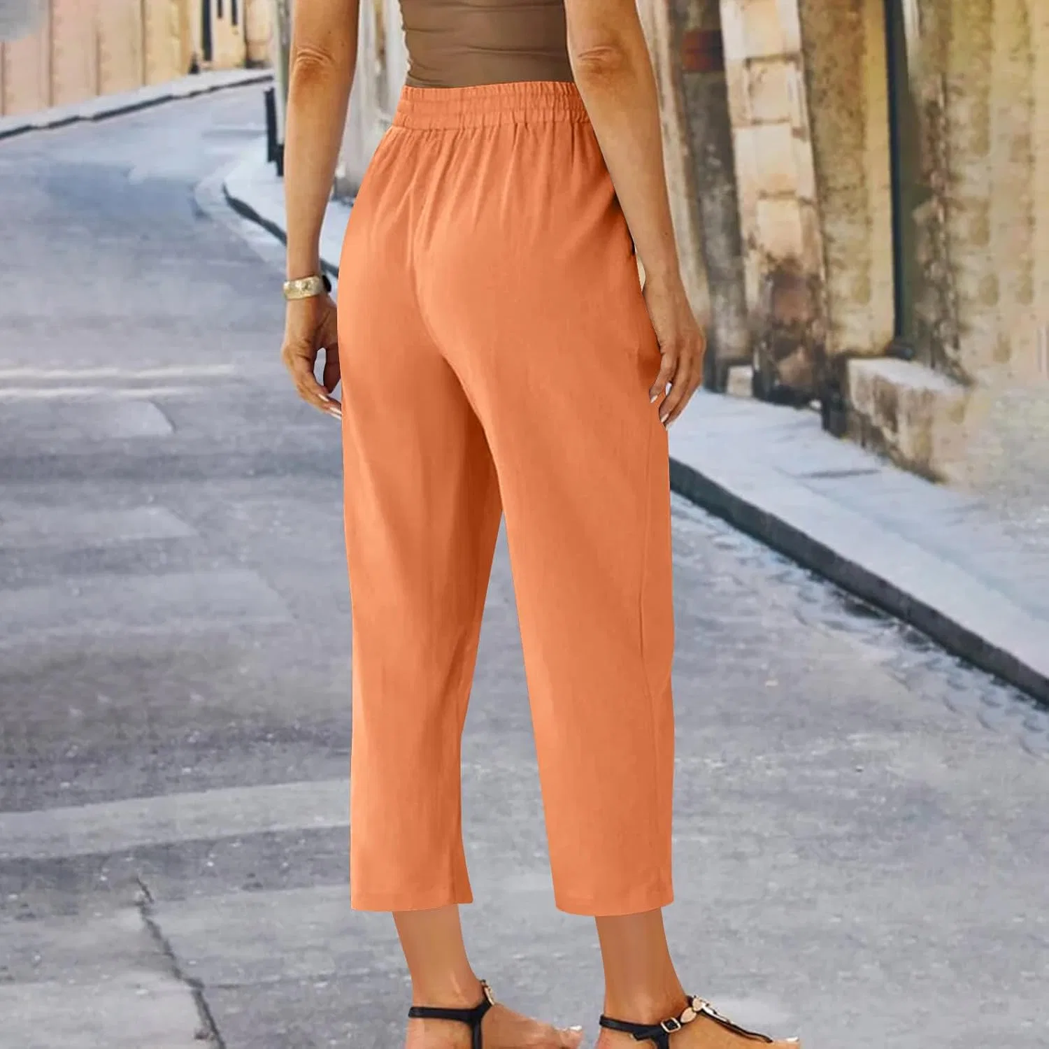 Женские брюки из льна с высокой талией, прямые, Orange — фото 3