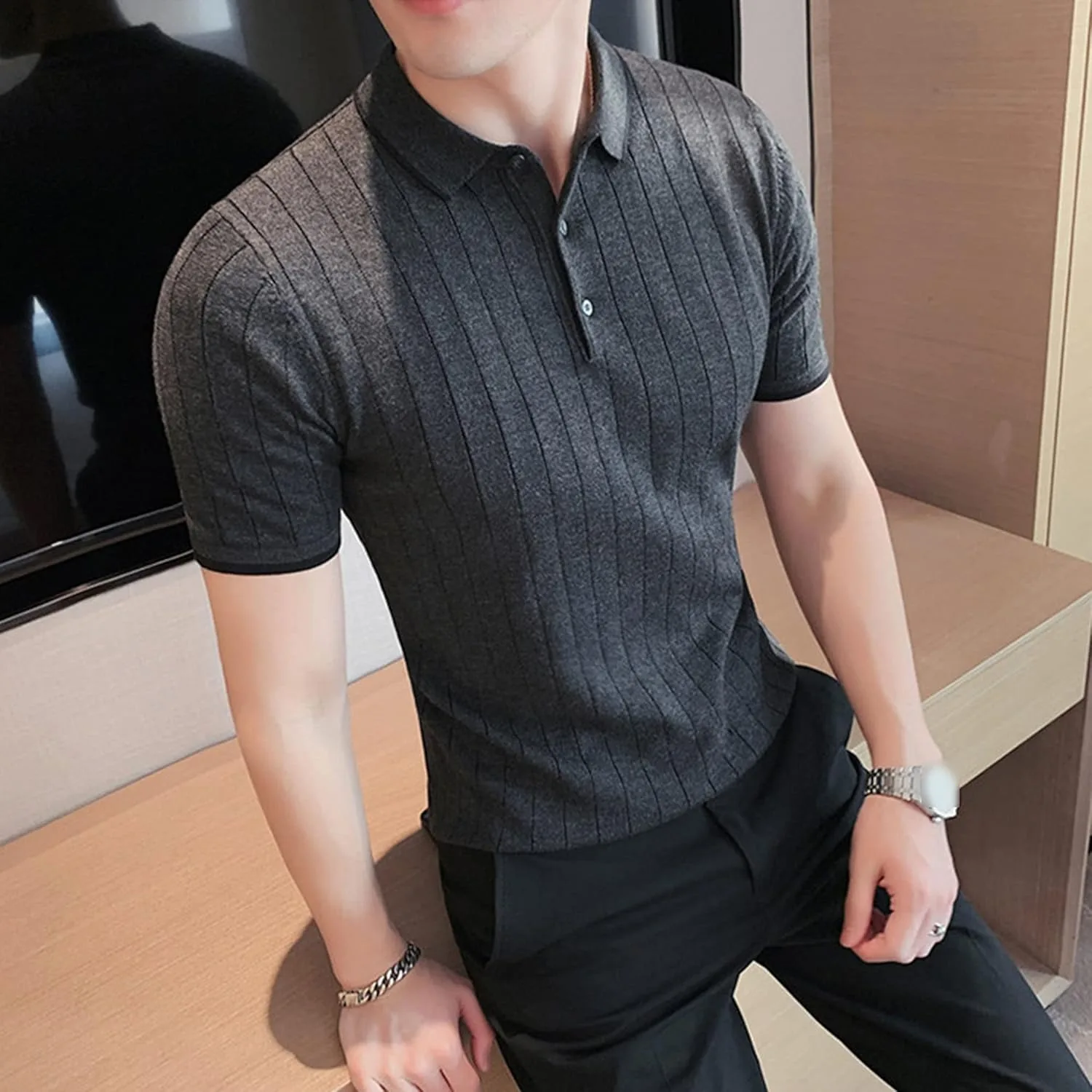 Мужская поло с лацканом Regular Slim Fit в полоску — фото 4
