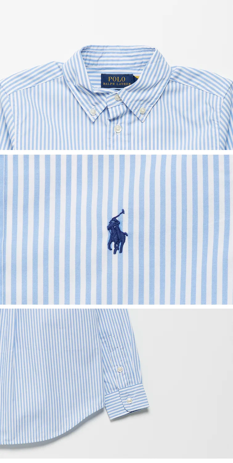 Детская хлопковая рубашка-поплин в полоску синяя от Polo Ralph Lauren Children — фото 4
