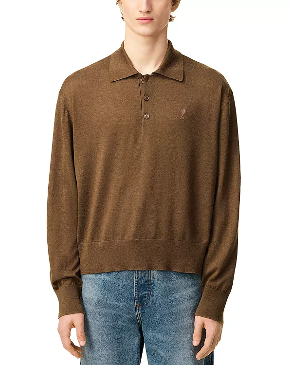 

Свитер-Поло Ami de coeur стандартного кроя с длинными рукавами из смеси шерсти и шелка Ami, коричневый