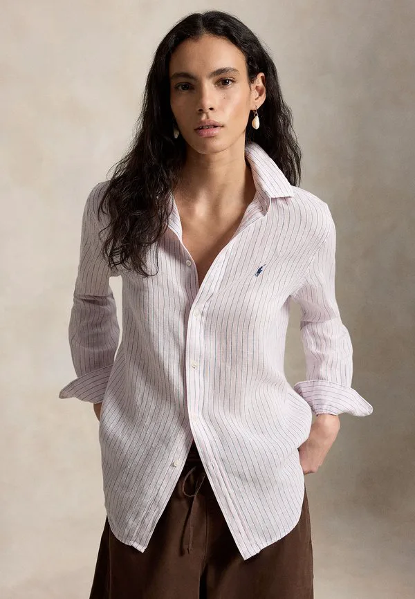 Классическая полосатая льняная рубашка-блузка на пуговицах Polo Ralph Lauren, Hint Of Pink/White